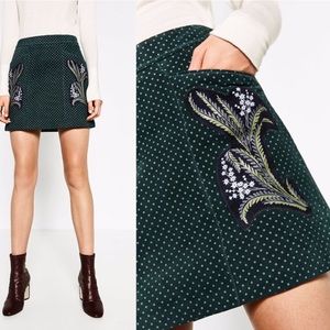 Zara Woman | Suede Emerald White Dots Mini Skirt Front Floral Pockets | M